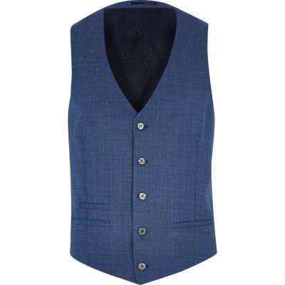 Blue textured wool-blend waistcoat